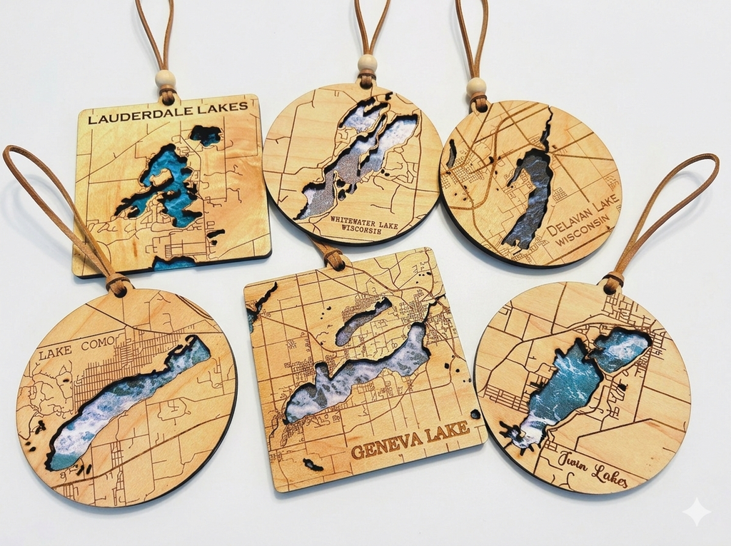 Layered Wood Land & Lake Map Ornaments